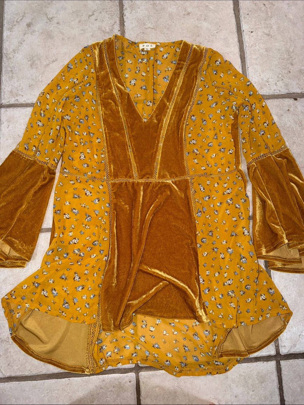 POL Mustard Yellow Velvet Mixed-Print bohemian-style dress : top